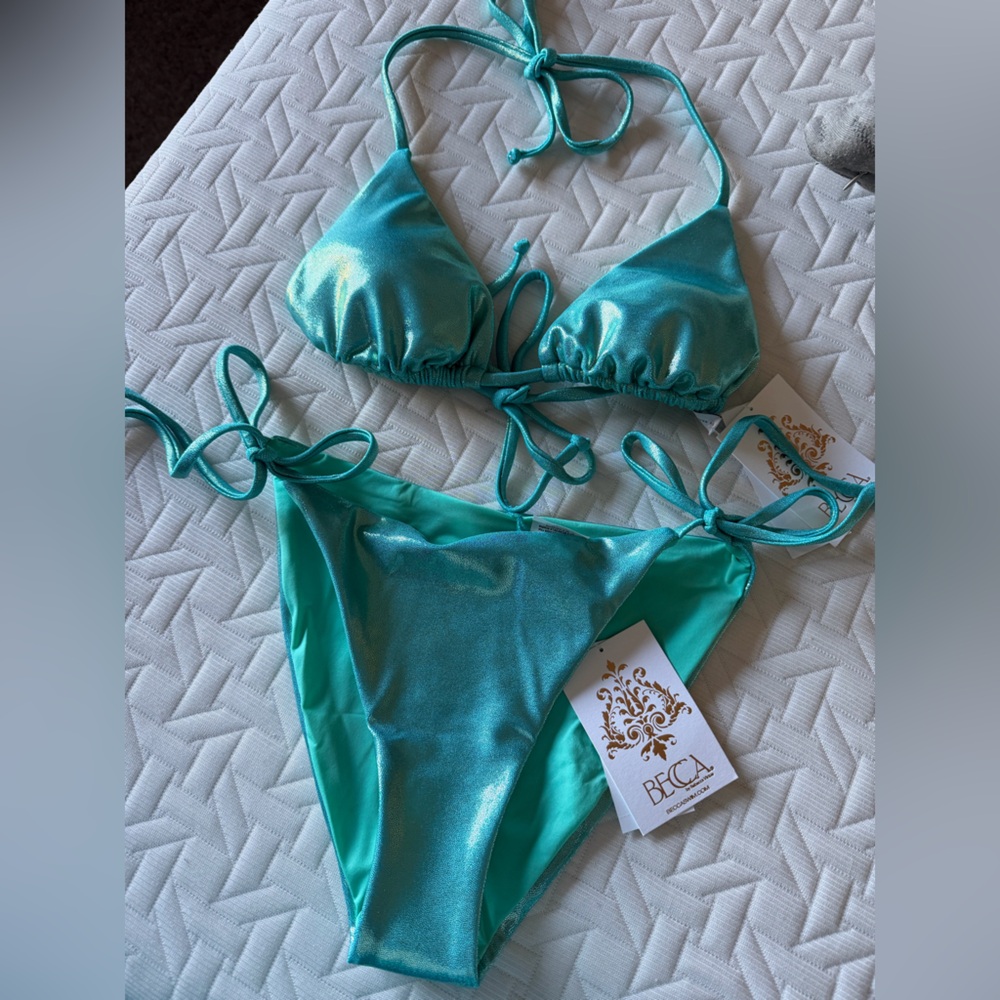 Shimmery Teal String Bikini Top and Bottom Set